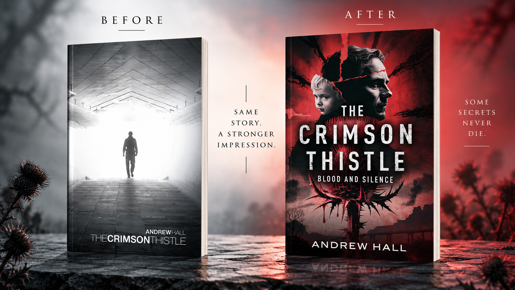 The Crimson Thistle — before and after cover redesign by AuthorVA