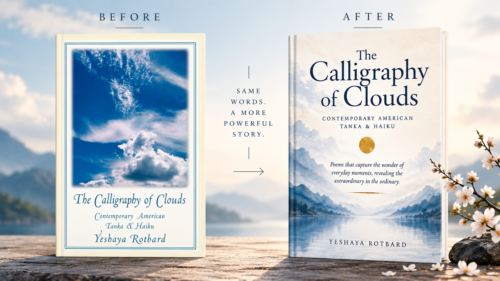 The Calligraphy of Clouds — before and after cover redesign by AuthorVA